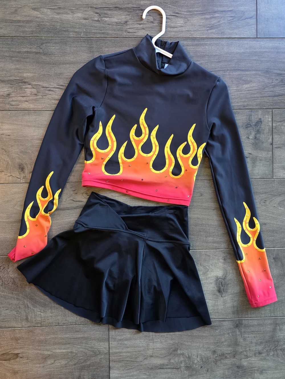 Jazz Dance Costume - Flame Print Long Sleeve With Black Skirt (Weissman)